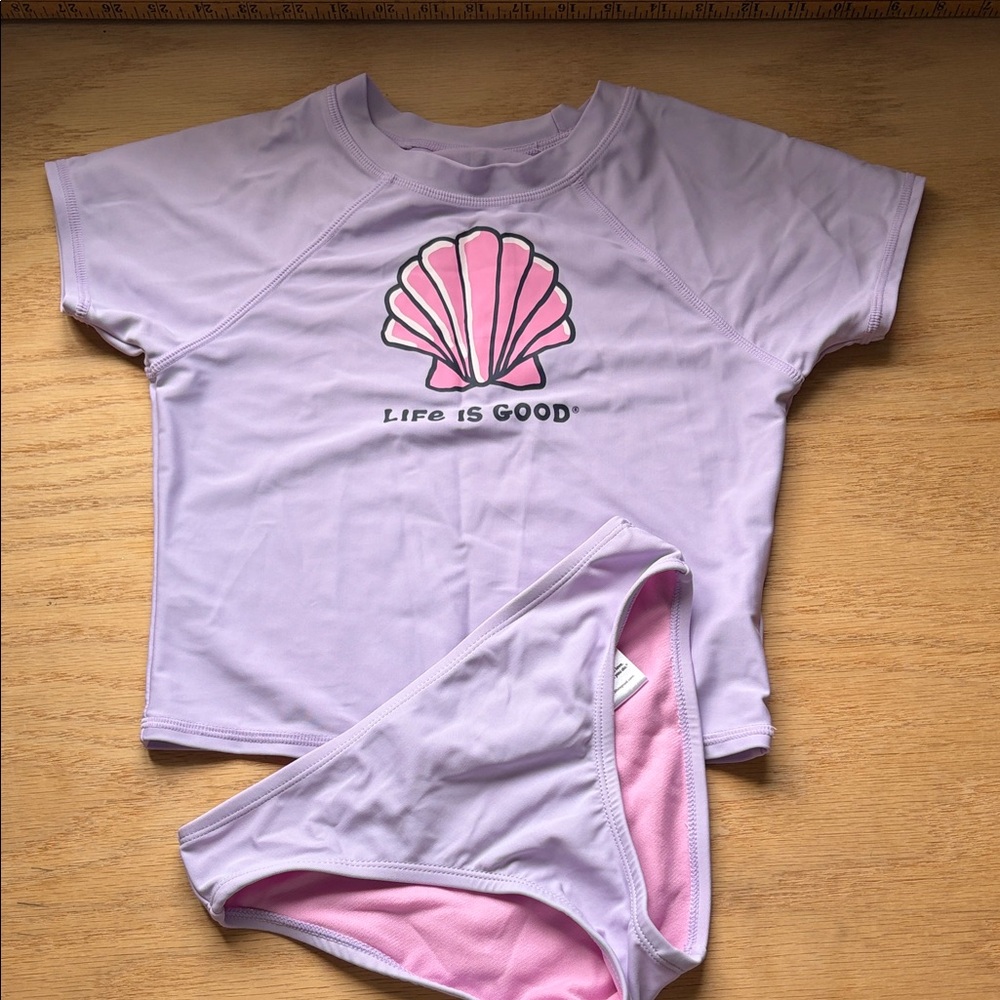 Life Is Good Lavender Rash Guard Set with Pink Shell Graphic